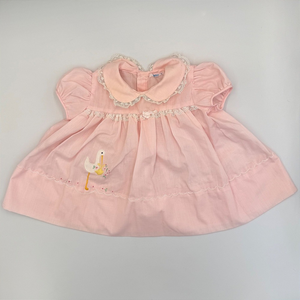 Vtg Nannette Baby Dress – Pink, Lace, Stork Embroidery‎ & Bow | 0–3M or Doll